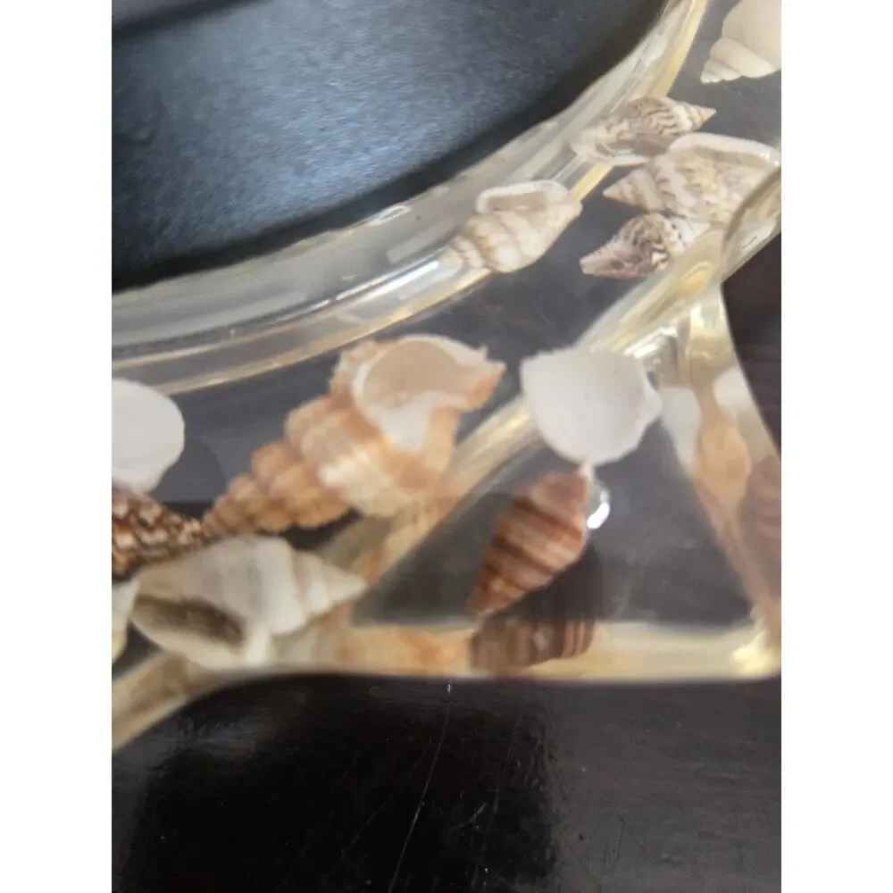 Shell Shaped Lucite Clock Embedded Seashells Wall Hanging Takes 1.5 V Battery